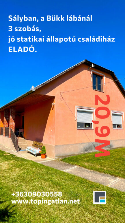 Sályban, a Bükk lábánál 3 szobás, jó statikai állapotú családiház ELADÓ.